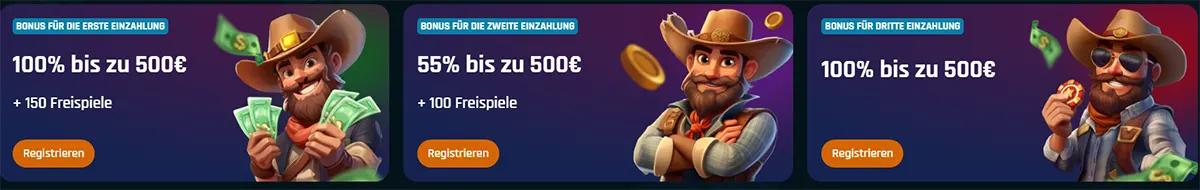 “Three German bonus cards on a casino site: first deposit bonus ‘100% bis zu 500€ + 150 Freispiele’ with a cowboy holding cash, second deposit bonus ‘55% bis zu 500€ + 100 Freispiele’ with a cowboy and floating coins, and third deposit bonus ‘100% bis zu 500€’ with a cowboy holding a coin—each with a ‘Registrieren’ button on a purple gradient background.”