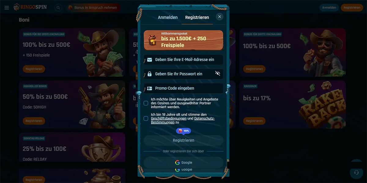 “German sign-up modal overlay on the RingoSpin bonuses page, showing a welcome package banner ‘bis zu 1.500€ + 250 Freispiele’, input fields for email, password, and promo code, newsletter and 18+ terms/privacy checkboxes, a ‘Registrieren’ button, and Google registration option.”
